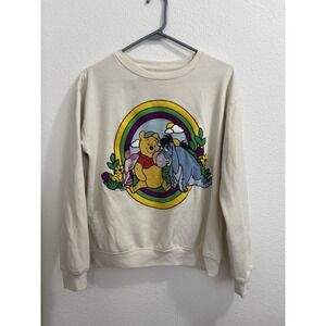 DISNEY WINNIE the POOH EEYORE Tufted Graphic Crew Sweatshirt Cream Size Medium